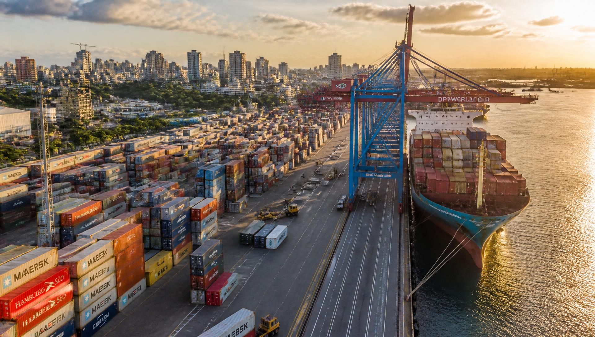 Container terminal at the Port of Dar es Salaam at sunset